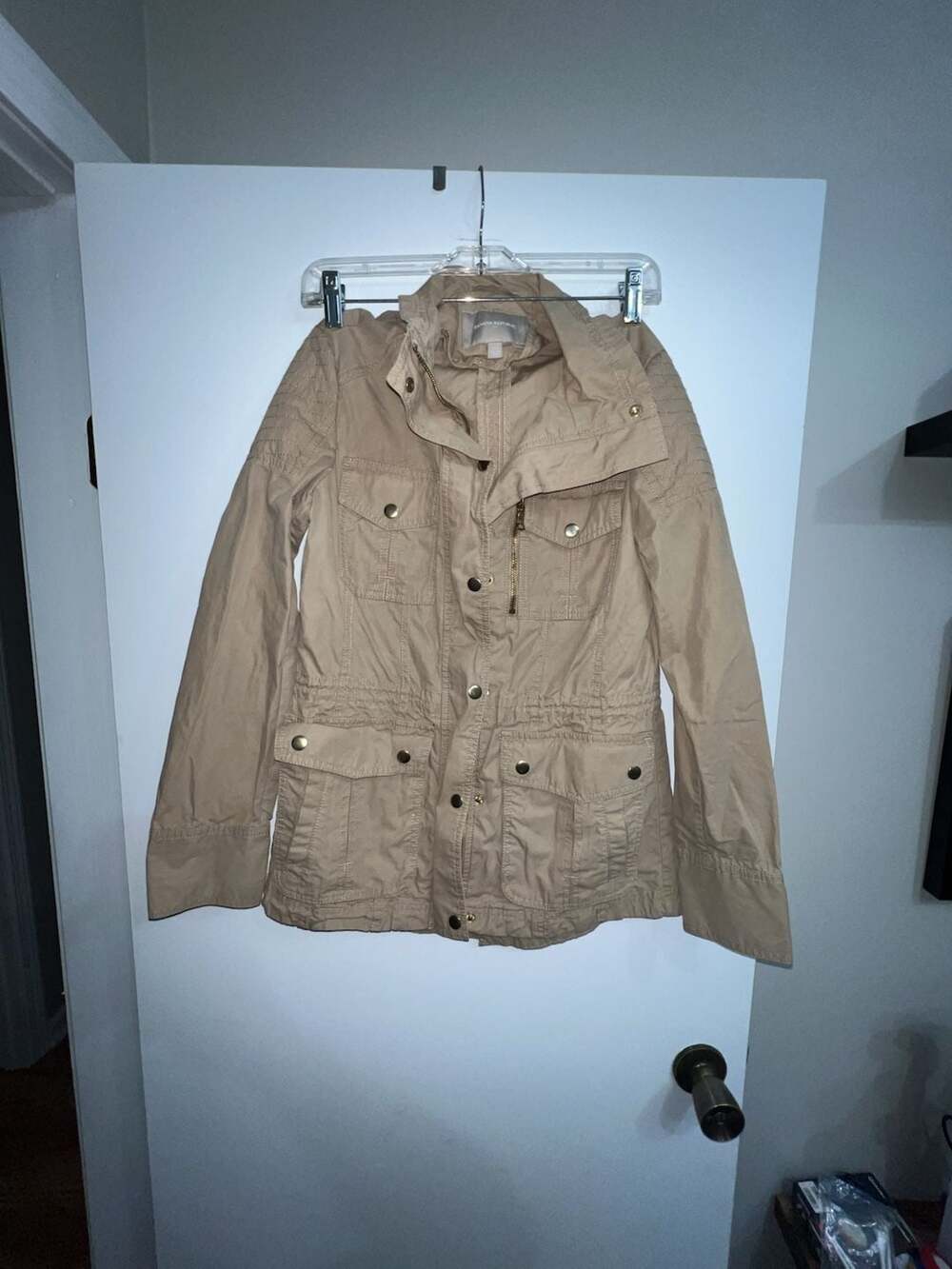 Banana Republic Tan Utility Jacket with Gold Buttons and Zippers XS